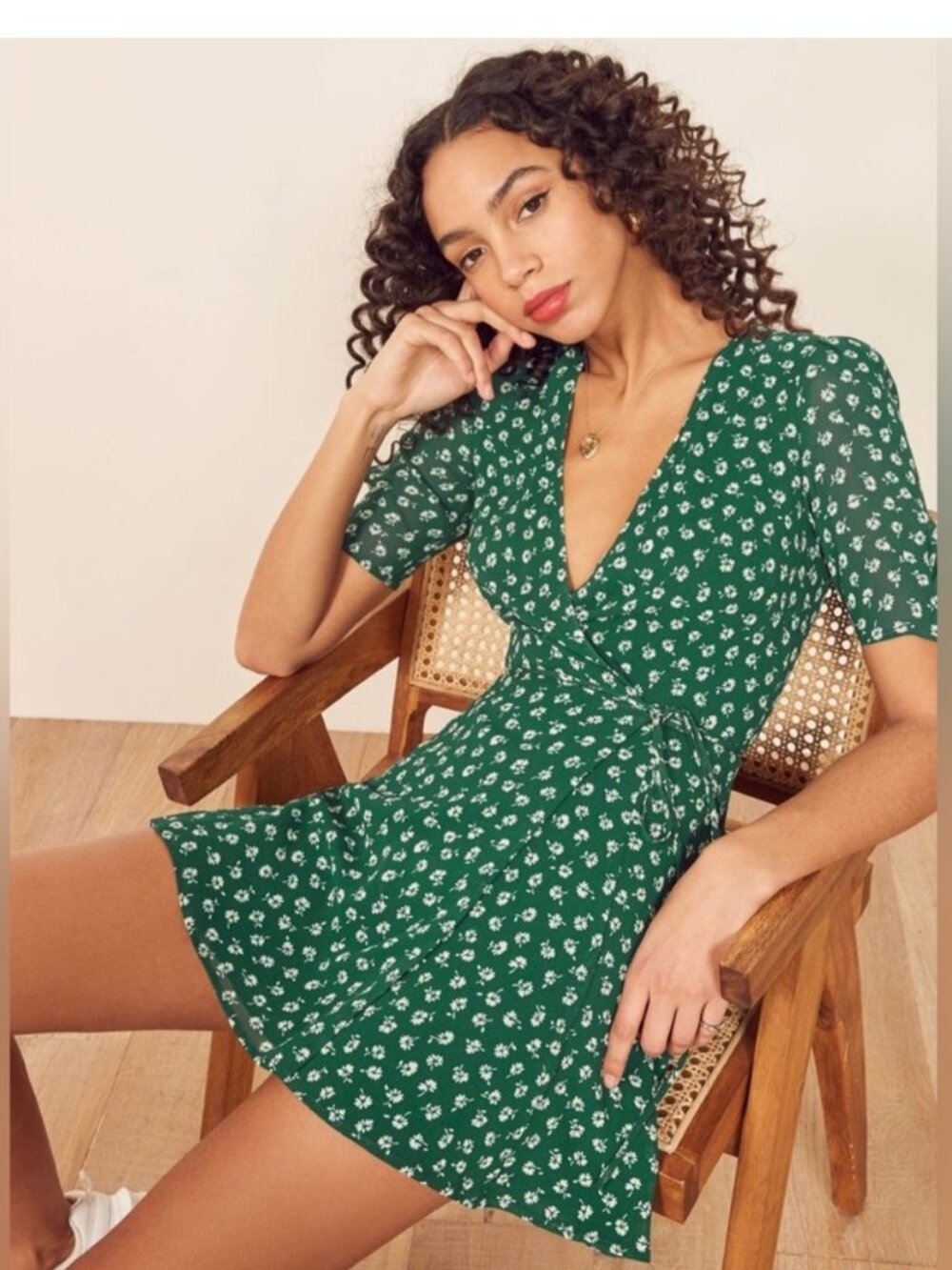 Reformation Lucky wrap green floral A-line mini dress Sz S